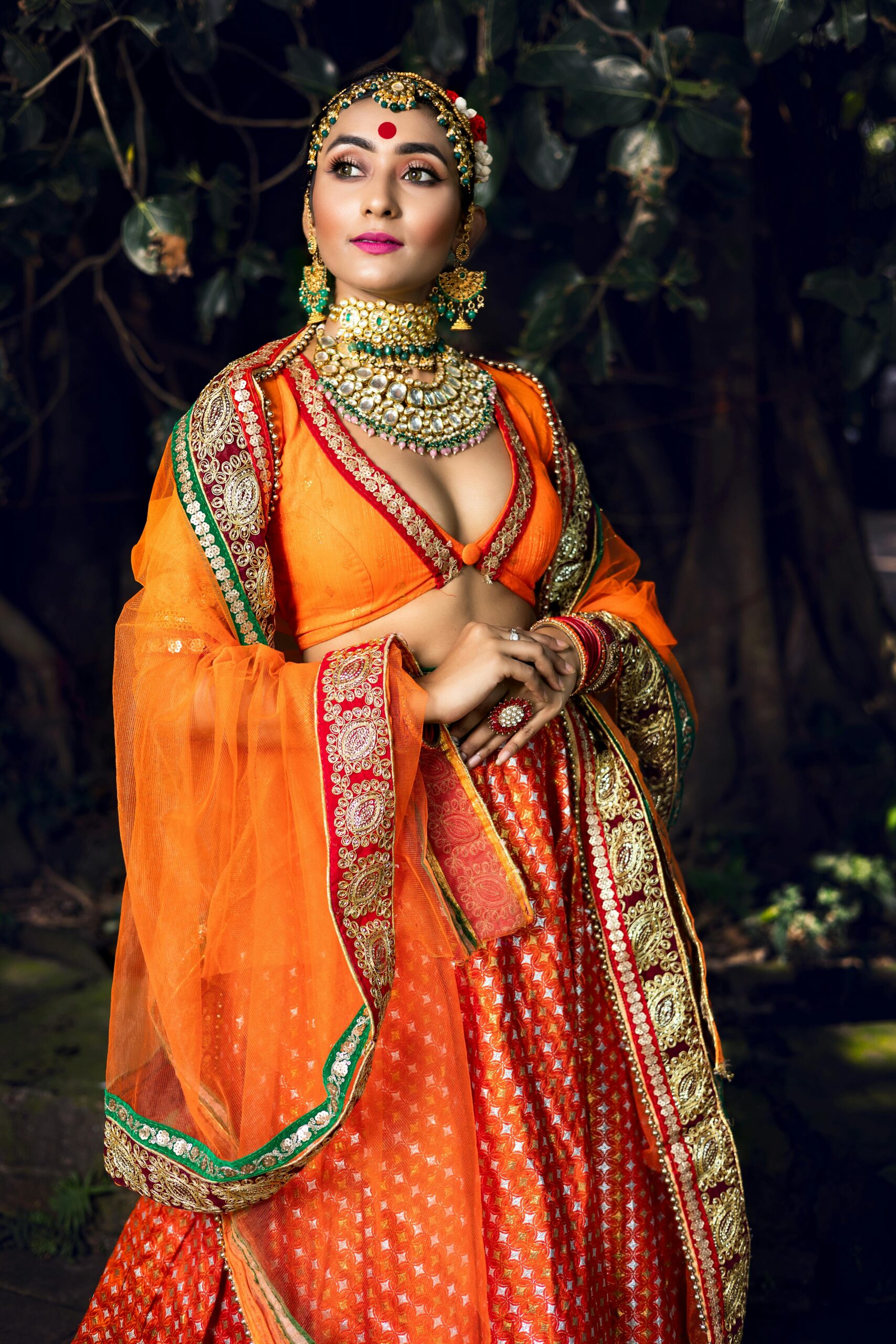 Elegant portrait of an Indian bride in rich traditional attire, showcasing ornate jewelry.